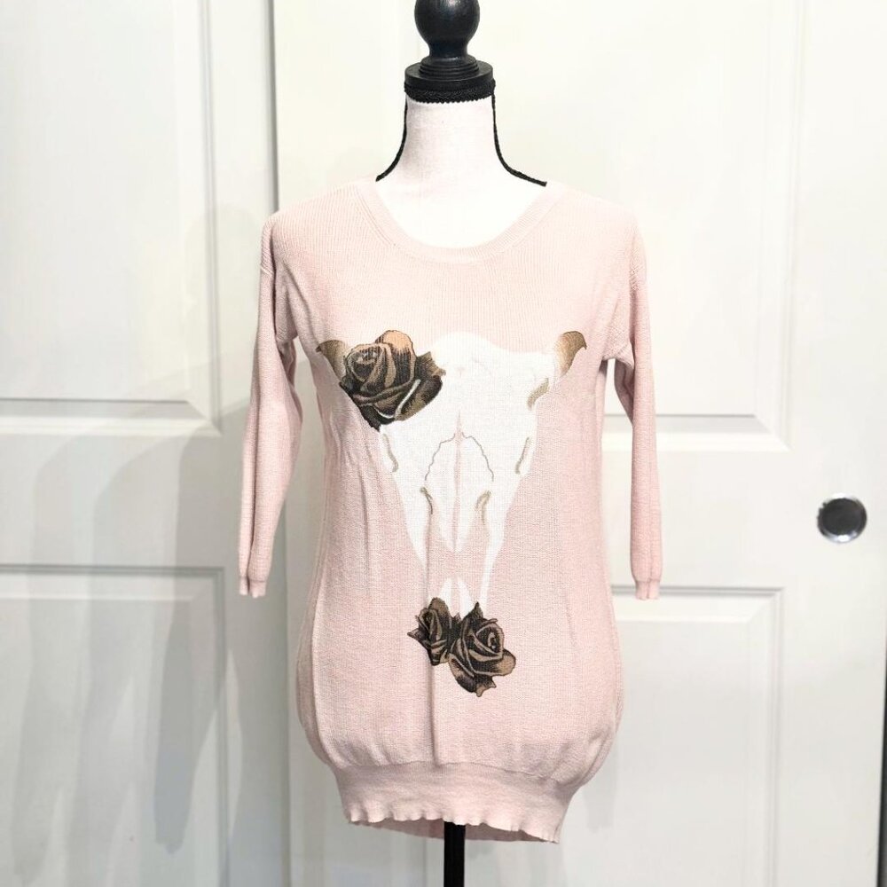 Bar III Long Cream/Tan "Bull + Roses" Three Quarter Sleeve Knit Sweater Top, XS